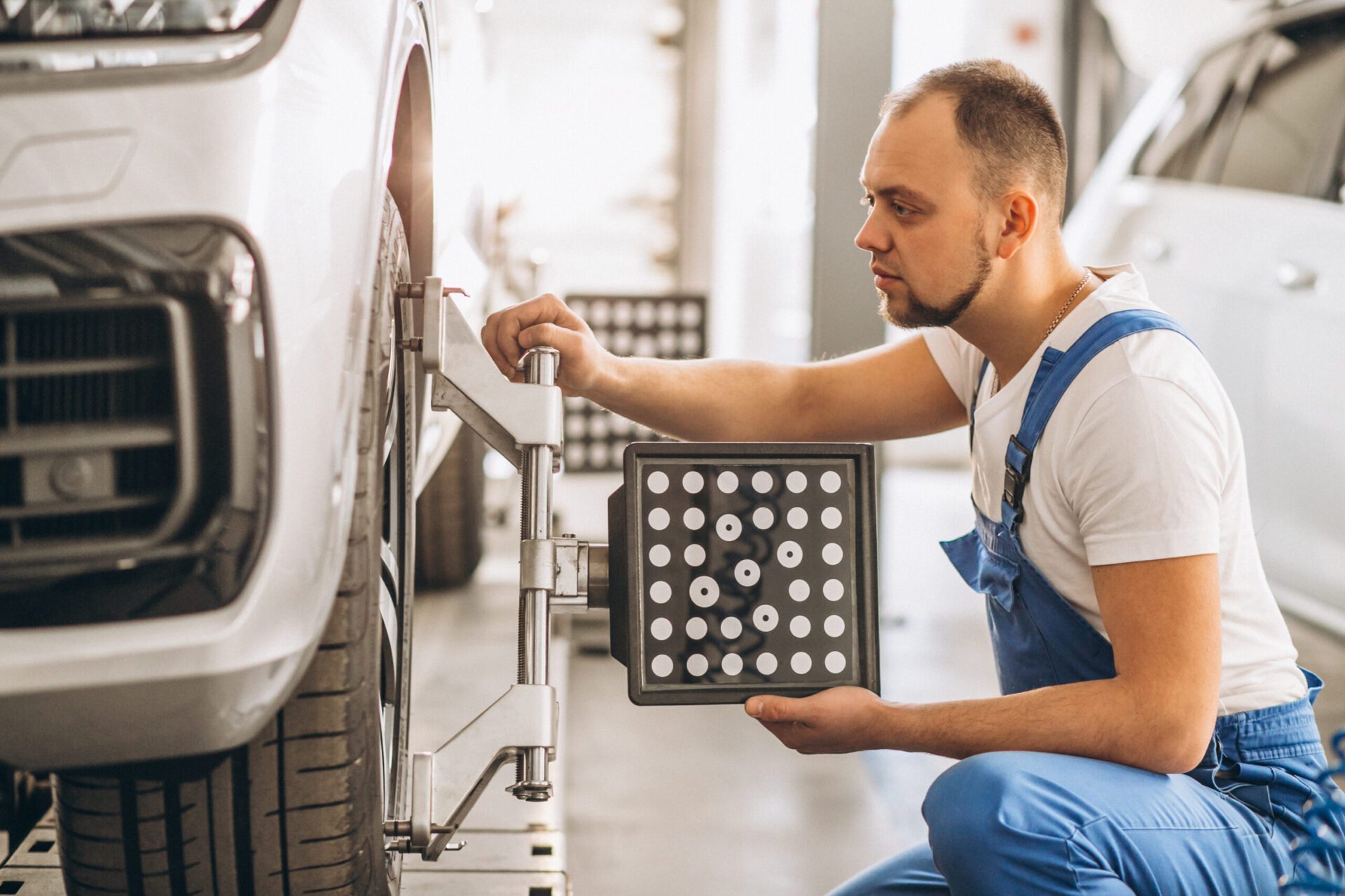 Auto mechanic checking car Mechanic Aligning Car Wheel at Work